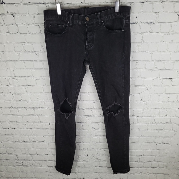 MNML | button fly skinny distressed/ destroyed knee jeans - Picture 5 of 8